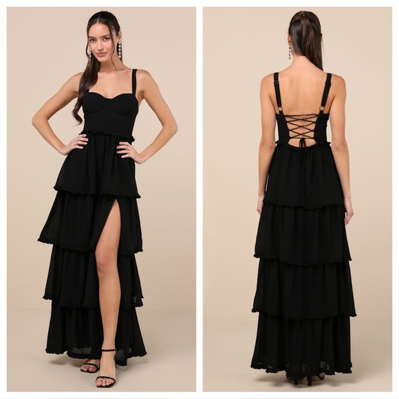 Lulus Sophisticated Occasion Black Bustier Lace-Up Maxi Dress